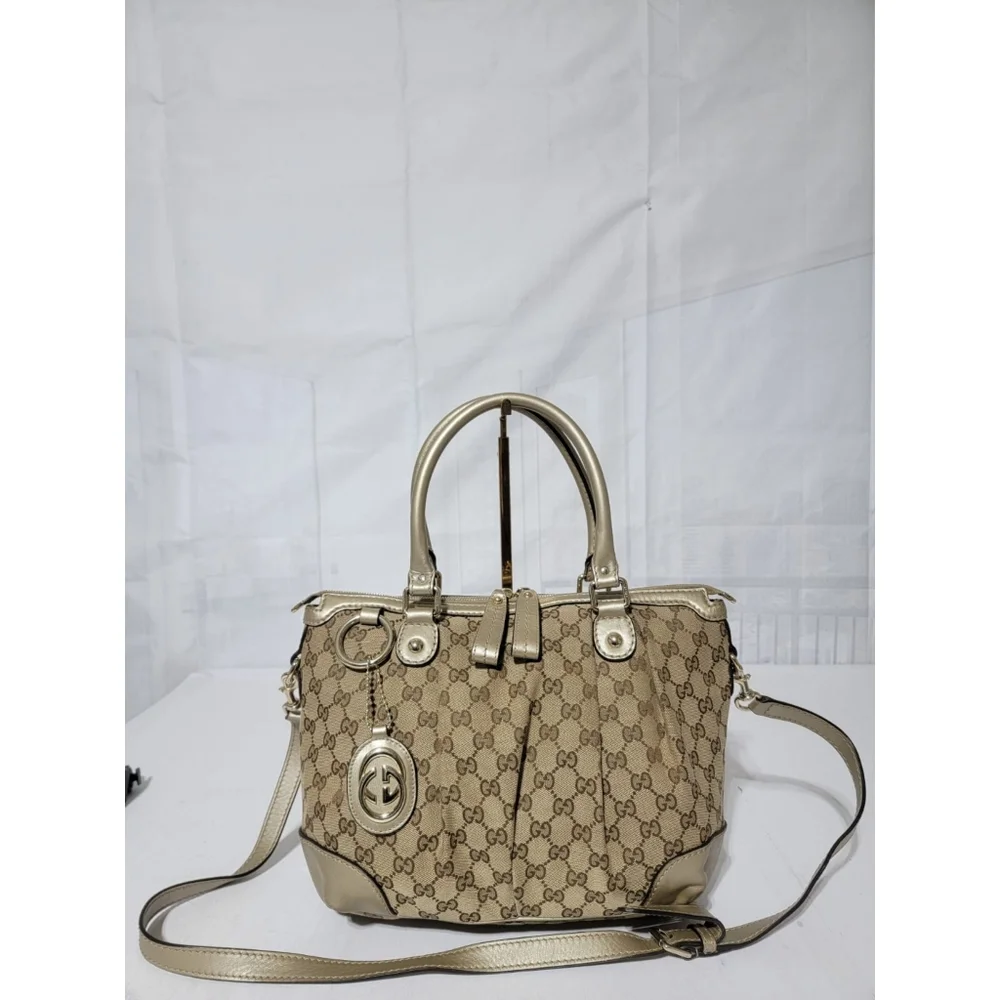 GUCCI Monogram Medium Sukey Satchel Bag Golden Beige